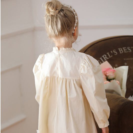 Arrival Autumn Girls Ruffle Neck Long Sleeves Flowers Embroidery Dress-1