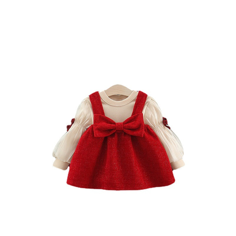 Autumn and Winter Arrival Baby Girls Long Sleeves Crew Neck Top and Overalls Dress-3