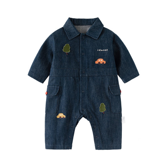 Autumn and Spring Arrival Baby Casual Embroidered Pattern Denim Rompers-0